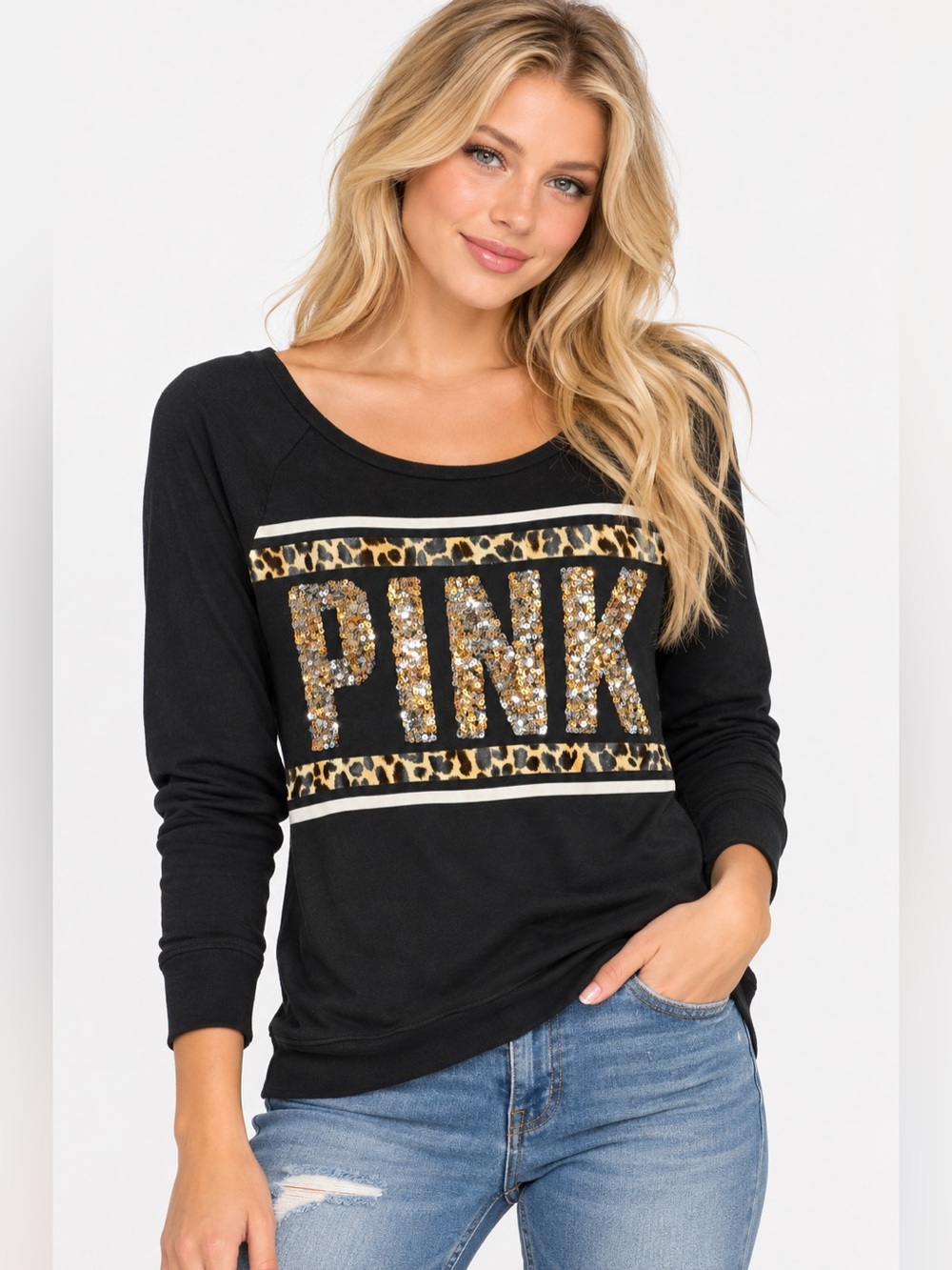 PINK Victoria’s Secret Black Sequin Leopard Print Sweatshirt XS Y2K
